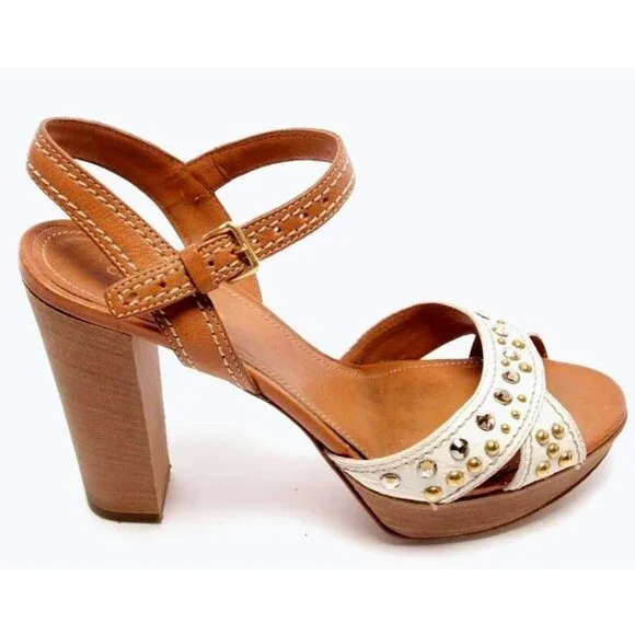 Car Shoe Studded Ankle Strap Block Heel Sandals White/Brown Women's 40/US 10 - Picture 4 of 12